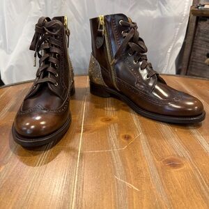 The Office of Angela Scott Brown Leather Gold Shimmer Combat Boots Women's 39